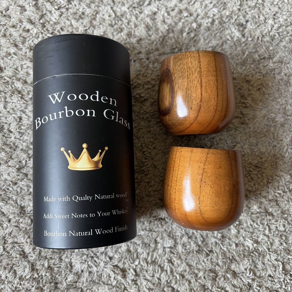 2 Charred Wooden Bourbon Glass | Old Fashioned Wood Drinking Cup EUC